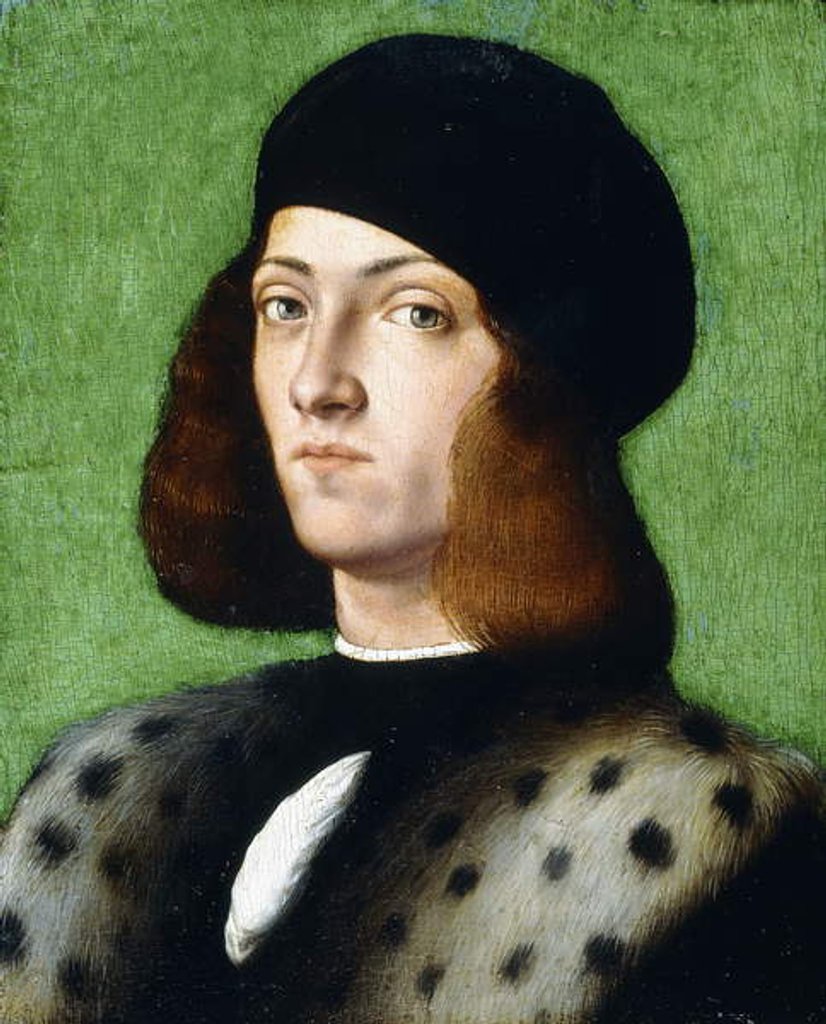 Detail of Portrait of a young Gentleman, bust-length, wearing a black cap and black coat, 1506 by Andrea Previtali