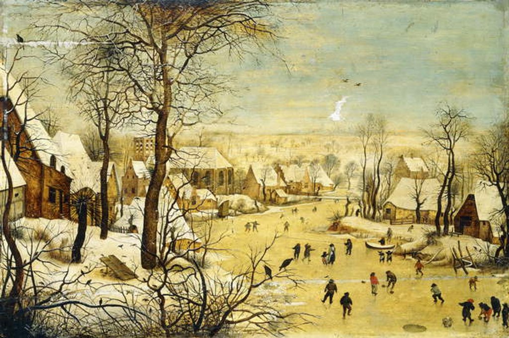 Detail of A Village in Winter with a Birdtrap and Skaters on a frozen waterway by P. the Younger Brueghel