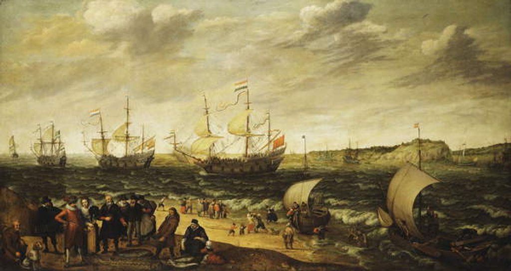Detail of Men-of-War sailing out of an Estuary with figures in the forground by Adam Willaerts