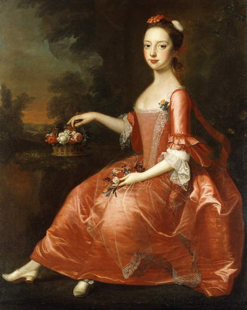 Detail of Portrait of a Young Lady, seated full-length, wearing a Red Dress by Thomas Bardwell