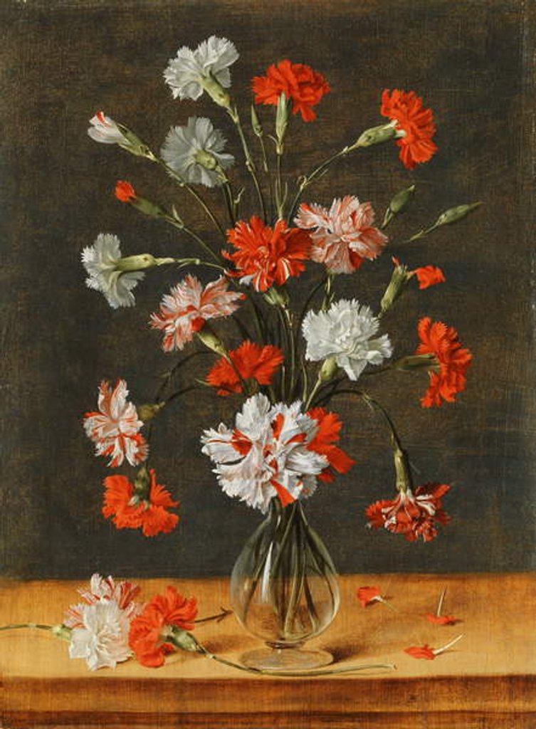 Detail of Carnations in a glass Vase on a stone Table, 1639 by Phillipe de Marlier