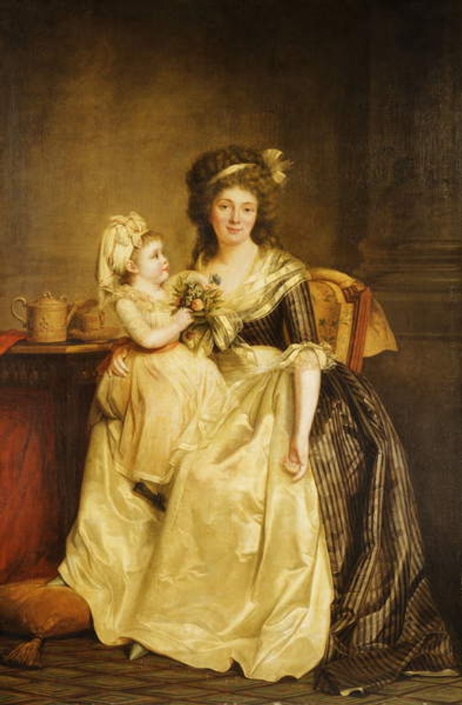 Detail of Portrait of a Lady, seated full-length by a table, with her daughter, holding a posey of flowers by Rose Adelaide Ducreux
