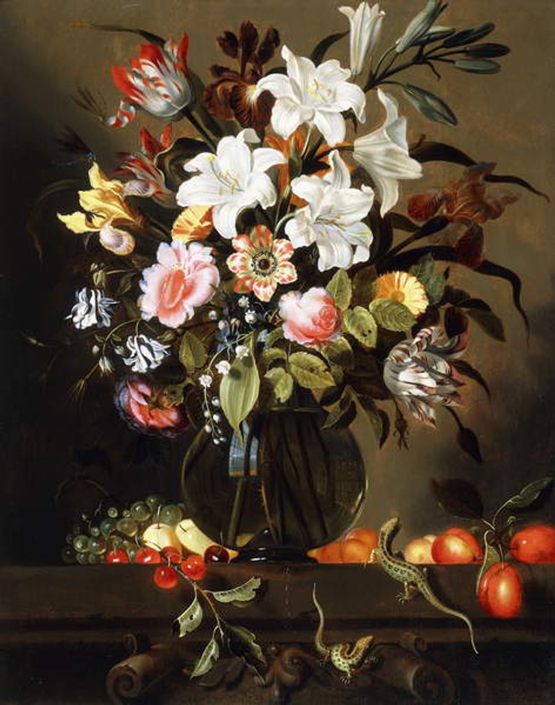 Detail of A Bouquet of Flowers with Fruit and two Sand Lizards on a Stone Ledge, 1647 by Jacob Marrel