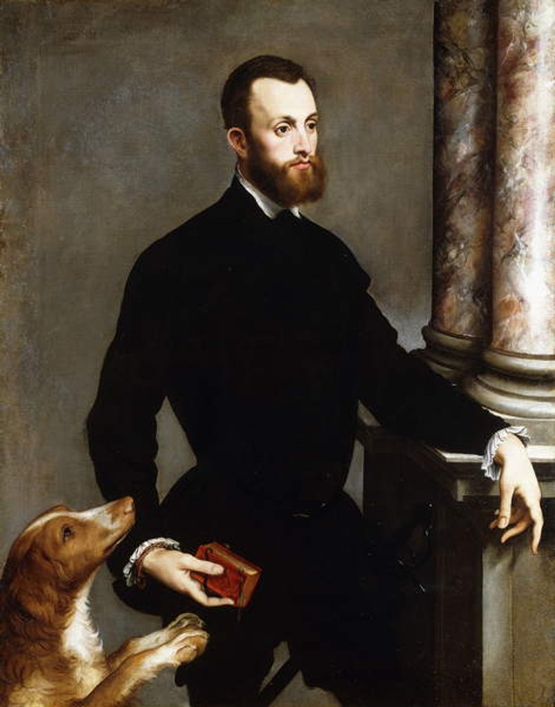 Detail of Portrait of a Gentleman, Standing three-quarter length, wearing a black costume and holding a book by Bernardino Campi