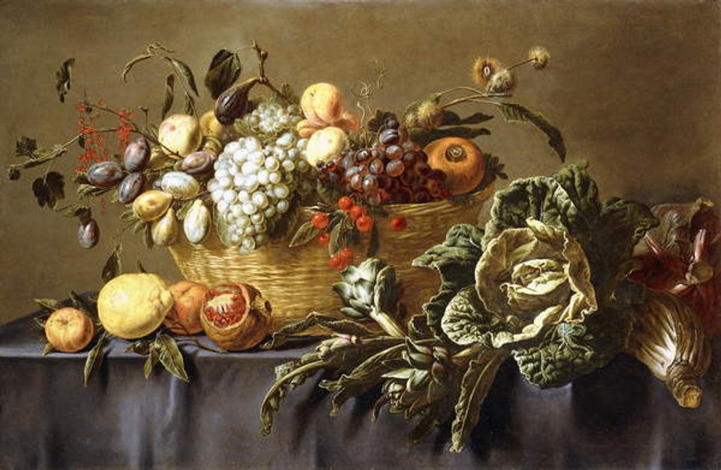 Detail of A Basket of Fruit on a Draped Table, c.1635 by Adriaen van Utrecht