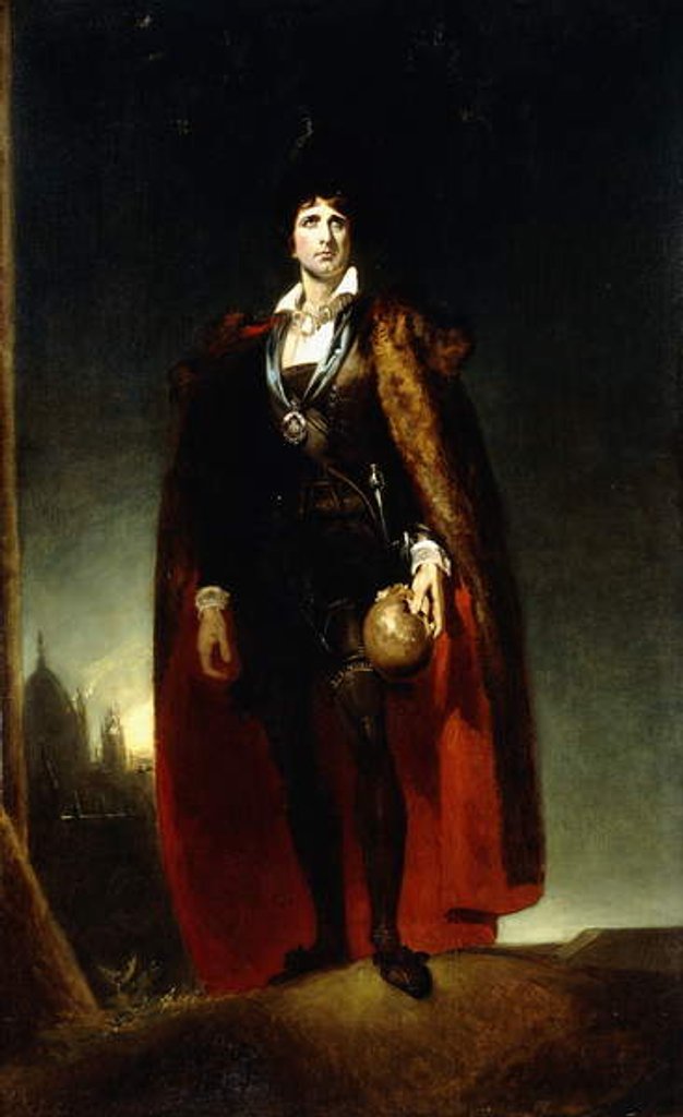 Detail of Portrait of John Kemble as Hamlet, standing full-length in a Landscape, wearing a cape and holding a skull by Thomas Lawrence