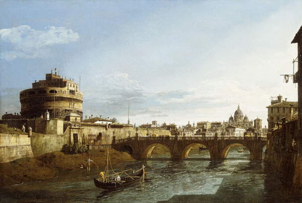 Detail of A View of Rome looking West, with Boats along the Tiber and the Castel Saint'Angelo in the distance by Bernardo Bellotto