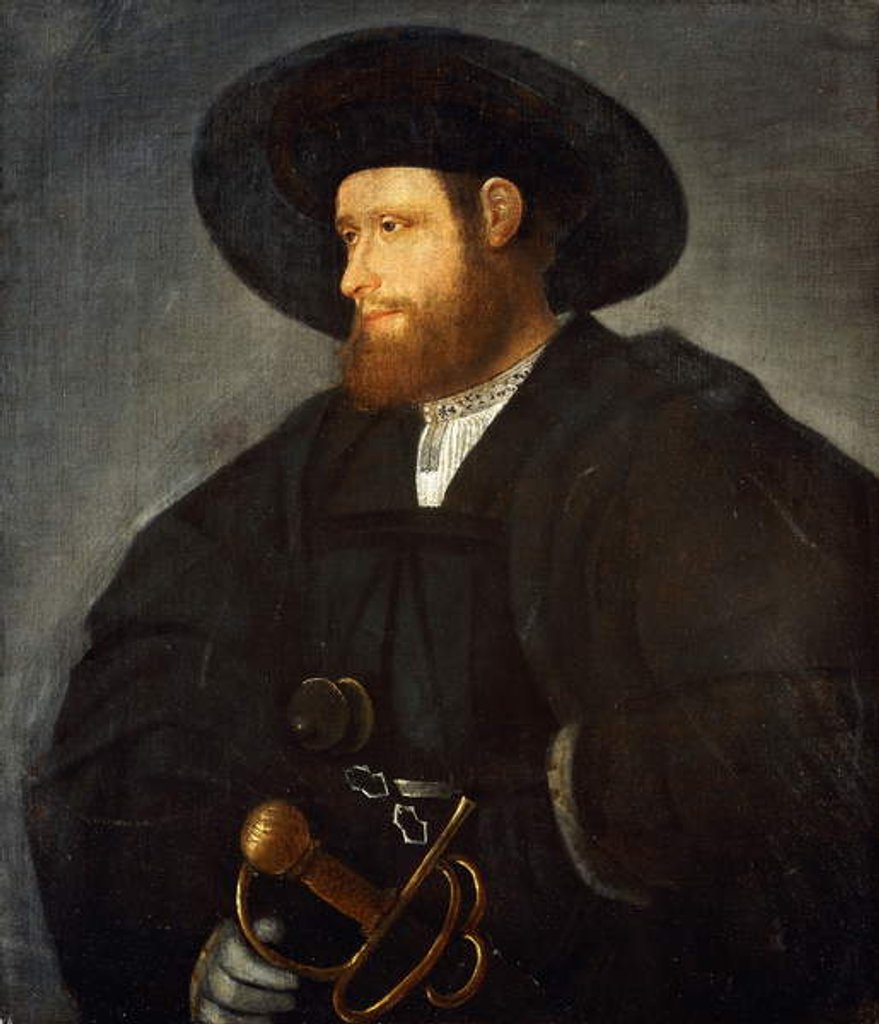 Detail of Portrait of a Gentleman, half-length, wearing a black costume and a black hat by Giovanni de Busi Cariani