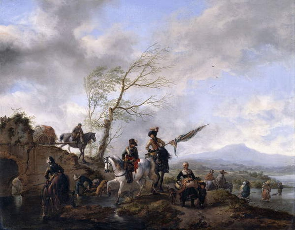 Detail of An Extensive River Landscape with Soldiers and a Standard Bearer Watering their Horses by Philips Wouwermans or Wouwerman