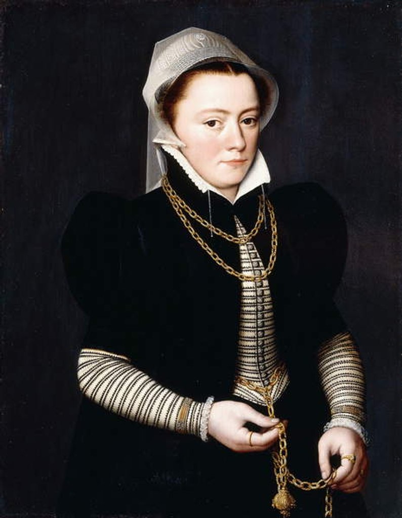 Detail of Portrait of a Lady, Standing, small three-quarter Length, Wearing a Striped Bodice and Black Coat, Holding a Pomander on a Gold Chain by Pieter Jansz. Pourbus