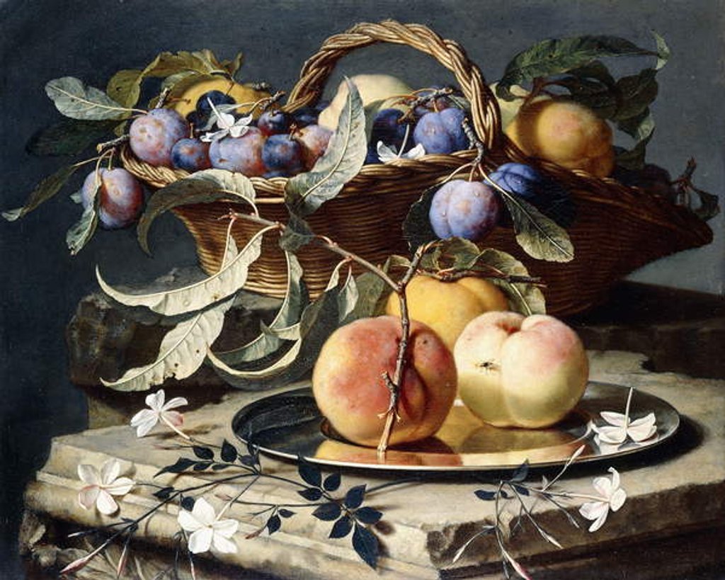 Detail of Peaches and Plums in a Wicker Basket, Peaches on a Silver Dish and Narcissi on Stone Plinths by Christian Berentz