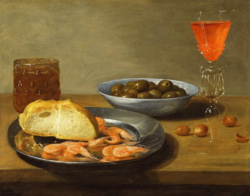 Detail of A Plate with Prawns and a Roll and Bowl with Olives by Jacob Foppens van Es