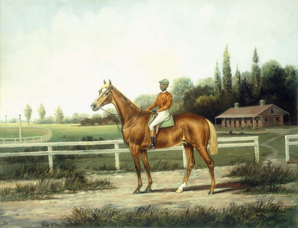 Detail of A Chestnut Racehorse with Jockey Up on a Training Track with Stables Beyond by Henry H. Cross