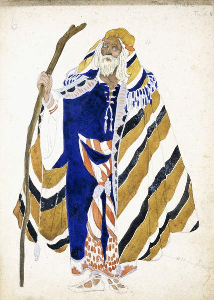 Detail of A costume design for a dancer in Suite Arabe, depicting an elderly man holding a staff by Leon Bakst