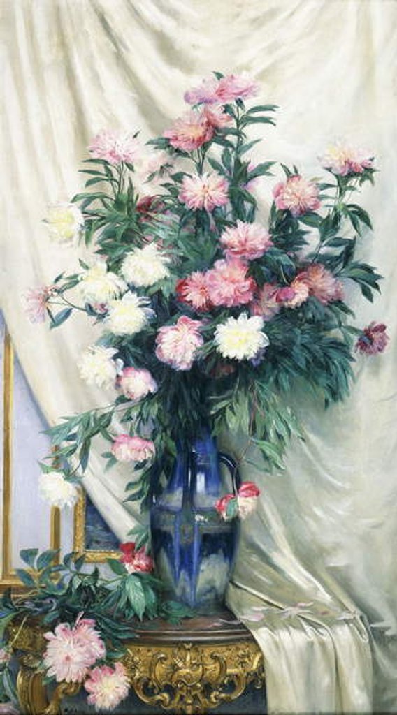 Detail of Peonies in a Blue Vase on a Draped Regency Giltwood Console Table by Albert Aublet