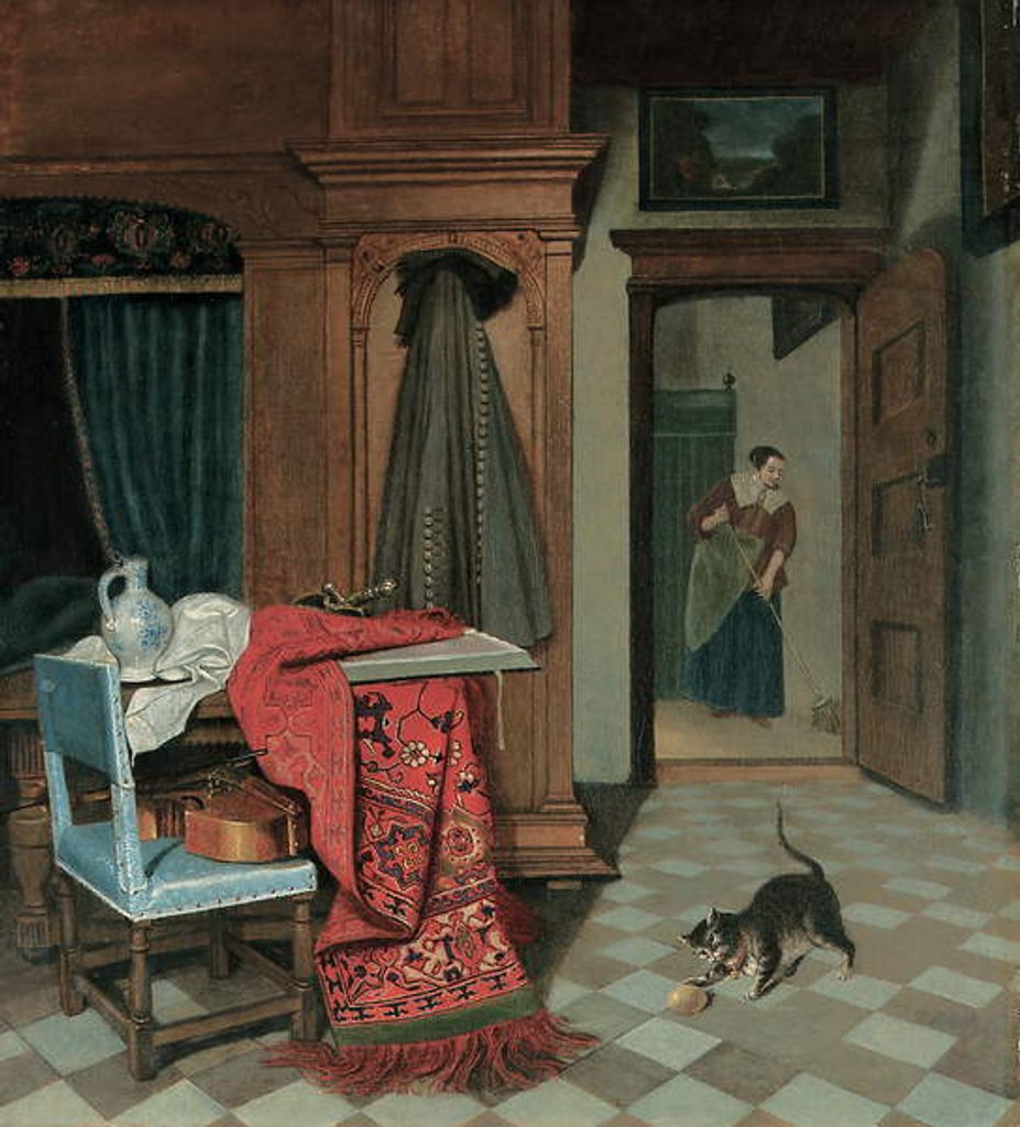 Detail of Interior with a carpet, a sword and a jug on a table, a cello on a chair, a coat hanging on a cupboard, a cat playing with a ball, a maid beyond by Cornelis de Man