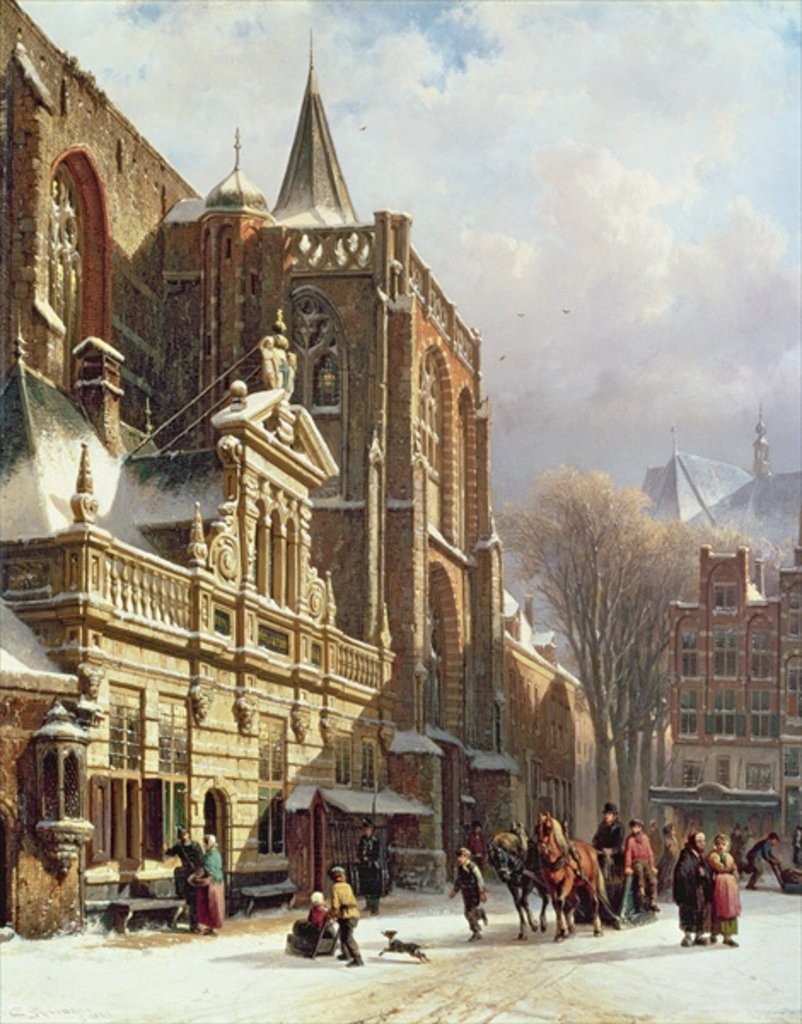 Detail of View of the Hoofdwacht and the Grote Kerk, Zwolle by Cornelius Springer