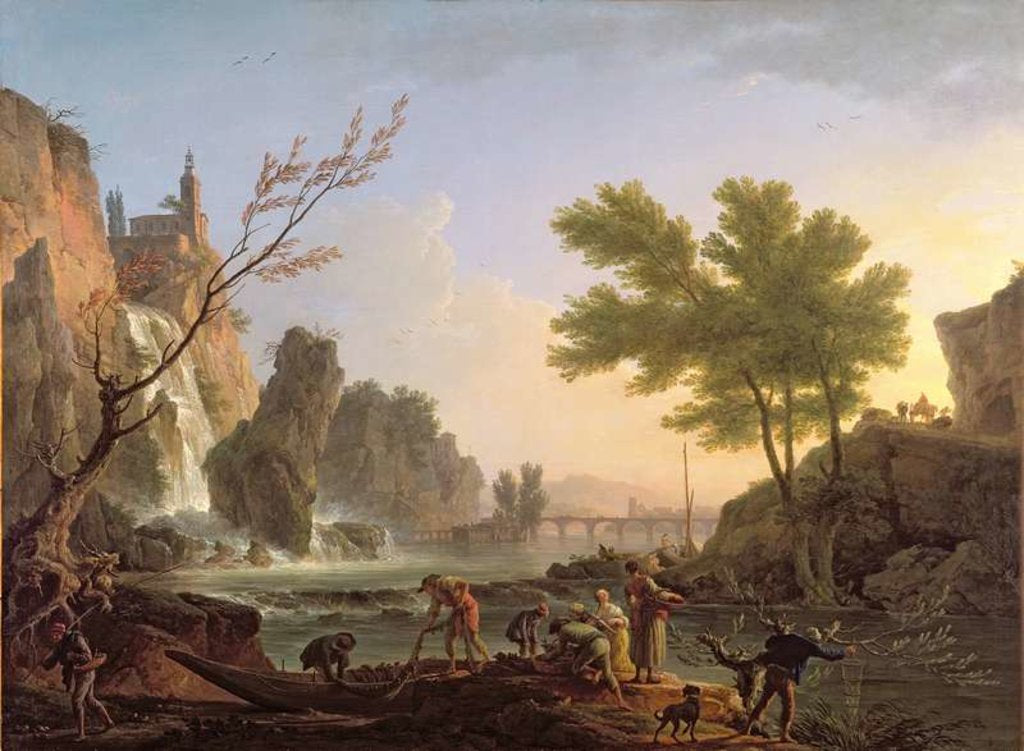 Detail of Fisherman in a landscape with a cascade and a bridge by Claude Joseph Vernet