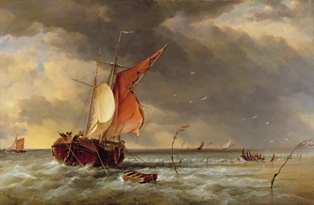 Detail of A Dutch Galliot aground on a sandbank on the Bies Bosch, Holland, 1878 by Edward William Cooke
