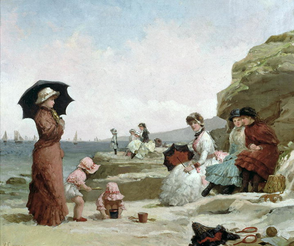 Detail of Seascape, Figures on the Beach, c.1870 by V. Chavigny