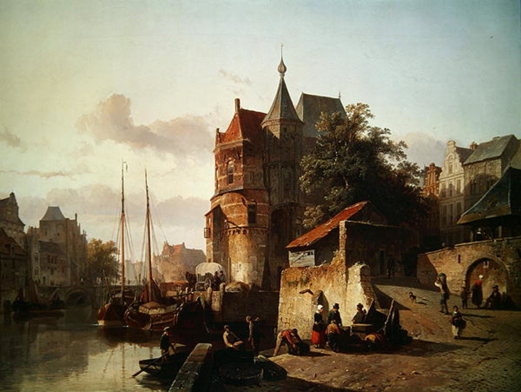 Detail of Dutch Scene: Fortified Buildings on the Banks of a Canal by Cornelius Springer