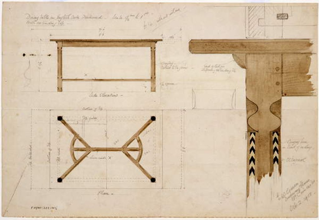 Detail of Design for a dining table in English oak, darkened, with a hayrake stretcher, 2nd October 1908 by Ernest William Gimson