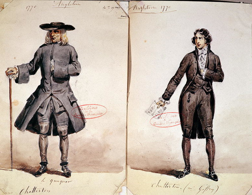Detail of Costume design for the first production of 'Chatterton' by Alfred de Vigny: the Quaker and Geffroy as Chatterton, 1835 by French School