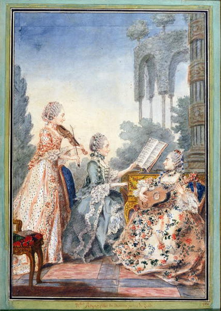 Detail of The three daughters of the composer Joseph-Nicolas-Pancrace Royer playing music from his ballet Zaide, c.1760 by Louis Carrogis Carmontelle