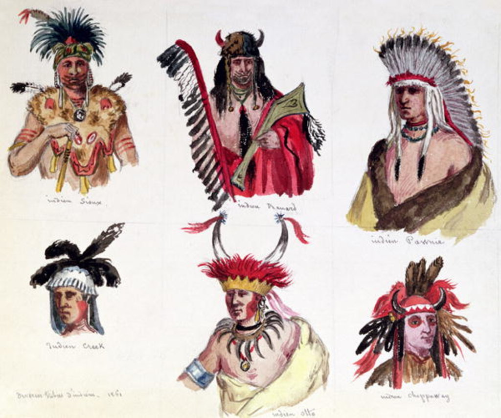 Detail of Portraits of Six American Indians from the Sioux, Renard, Pawnee, Creek, Otto and Chippewa Tribes, 1861 by Baron Dudevant Jean Francois Maurice Sand