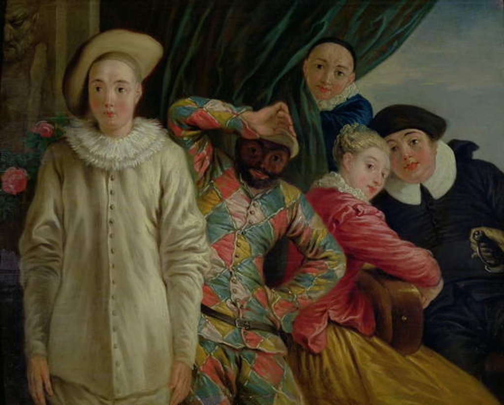 Detail of Harlequin, Pierrot and Scapin by Jean Antoine Watteau