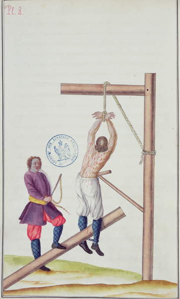 Detail of Punishment with a knout while being suspended from a rope by French School