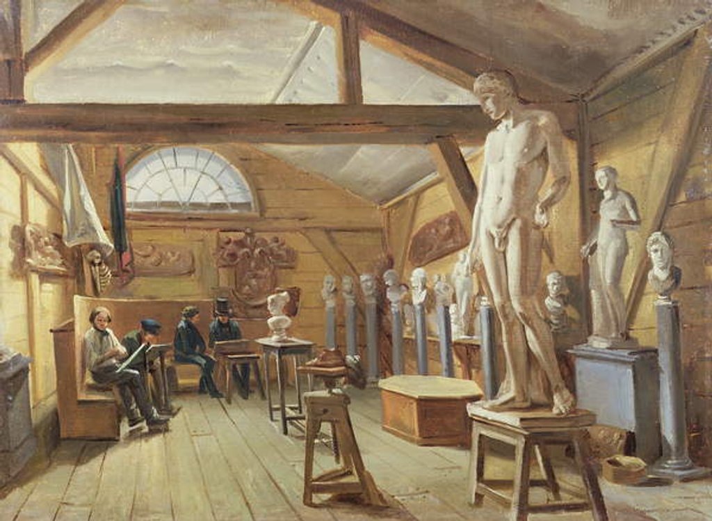 Detail of View of a studio in an art school, c.1840 by French School
