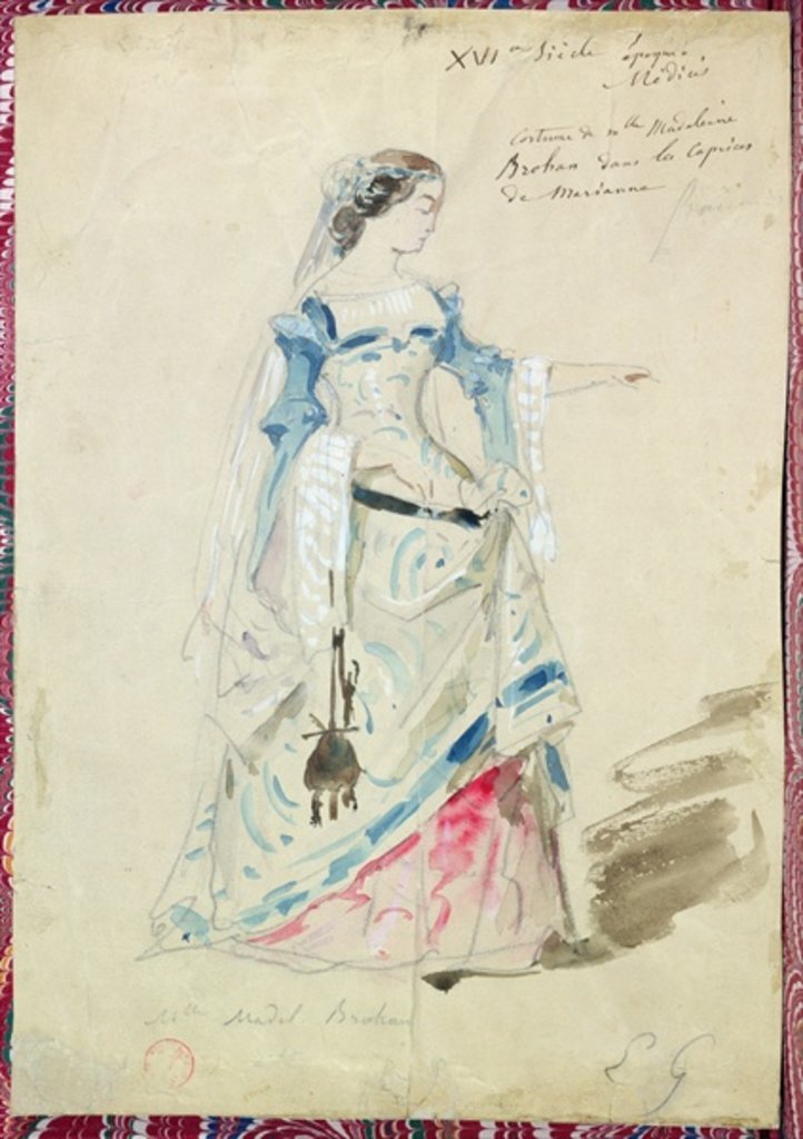 Detail of Costume design for Mlle Madeleine Brohant for the role of Marianne in 'Les Caprices de Marianne' by Alfred de Musset 1851 by Eugene Giraud