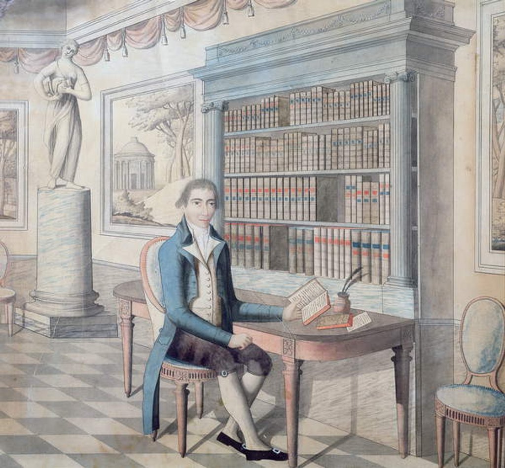 Detail of Gentleman reading in his library by French School
