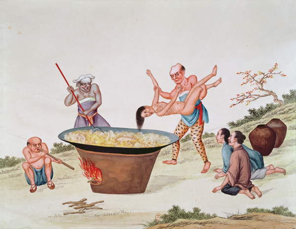 Detail of Plunging a woman into boiling water by School Chinese