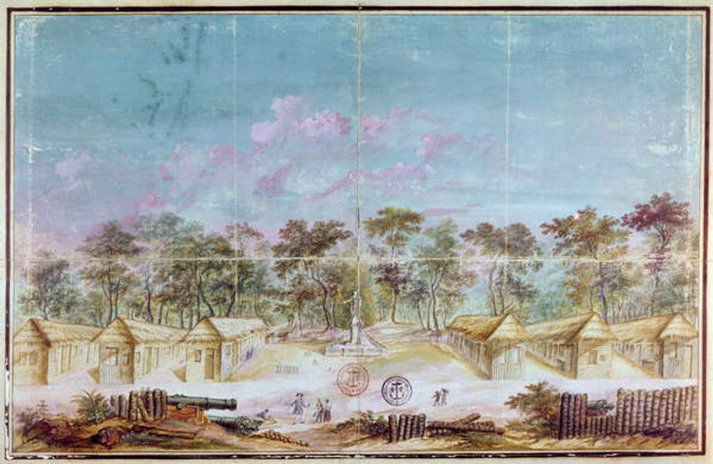 Detail of French colonists' settlement on the beach of Kourou, Guyana in 1763 by French School