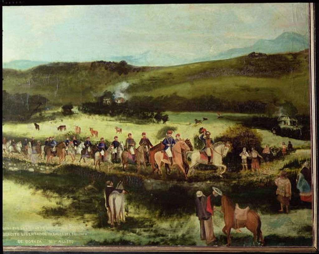 Detail of Simon Bolivar and Francisco de Paula Santander travelling to Bogota with the army of the 'Libertador' after the victory of Boyaca, 10th August 1829 by Francisco de Paula Alvarez