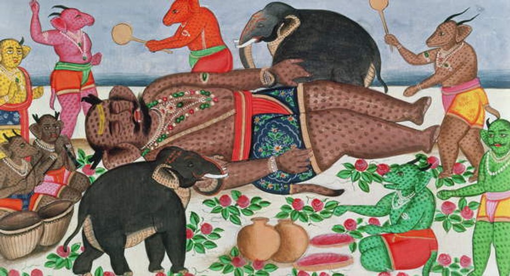 Detail of Ramayana scene: a group of demons awakening their prince in hibernation by School Indian
