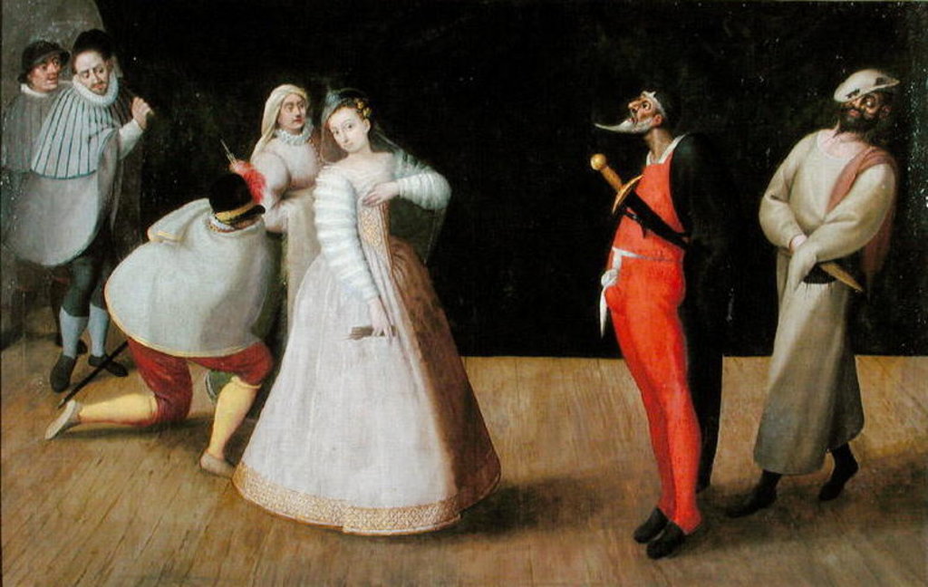 Detail of The Compagnia dei Comici Gelosi with Isabella Andreini depicted giving a performance in Paris by Hieronymus Francken