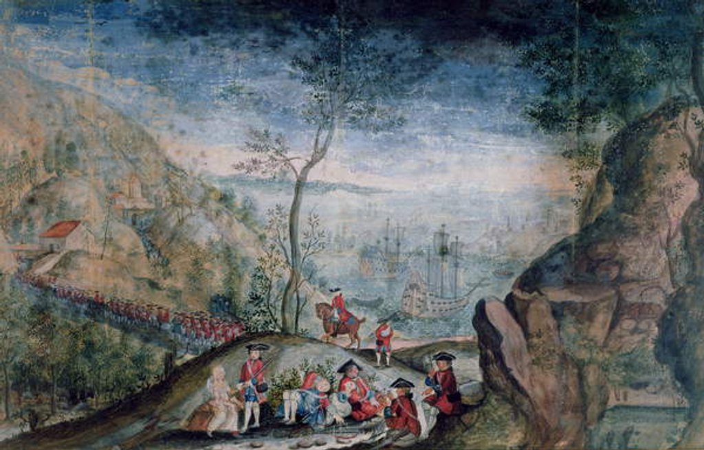 Detail of The Disembarkation of 50 soldiers from the Karrer Swiss regiment at Louisbourg on the Island of Cap-Breton between 1722-33 by French School