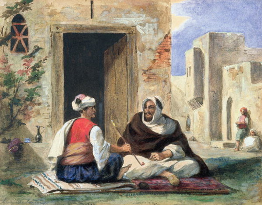 Detail of Arab men smoking in front of a house by Ferdinand Victor Eugene Delacroix