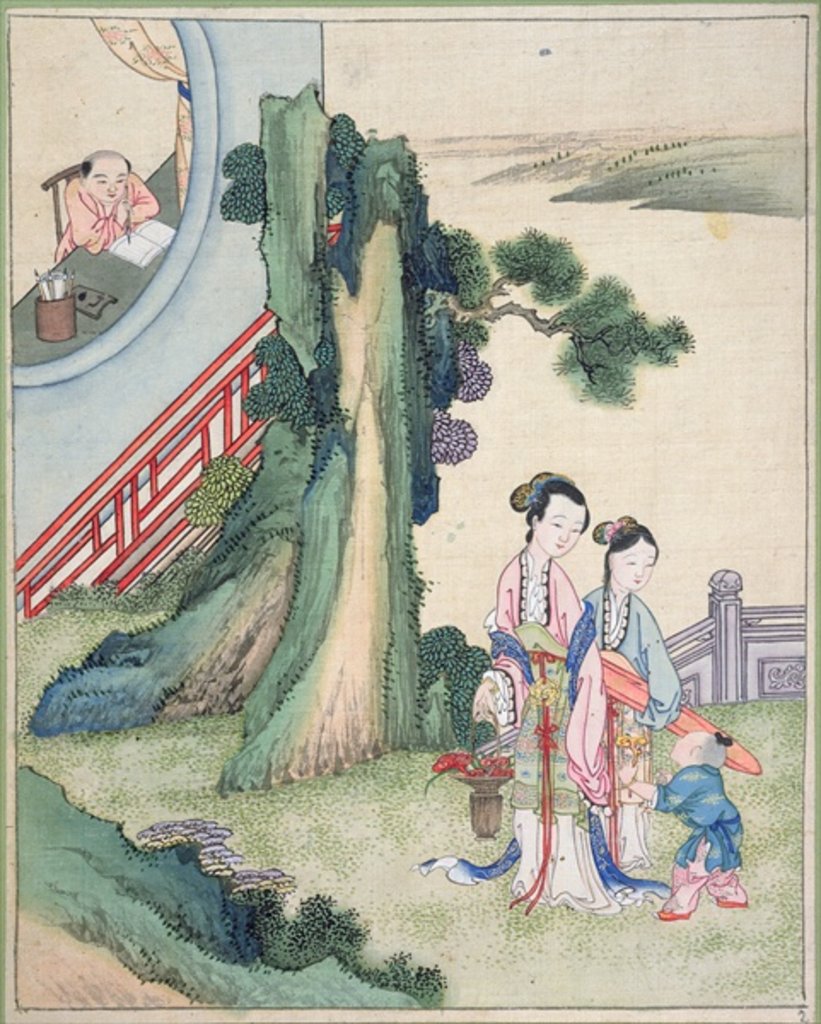 Detail of A man writing and his family by the side of a river by School Chinese