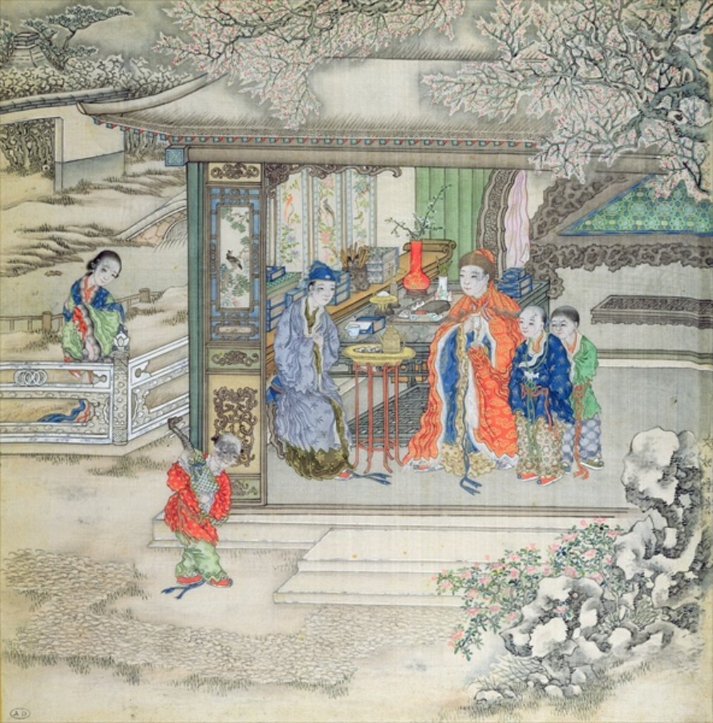 Detail of Scene in a garden with a family receiving visitors by School Chinese
