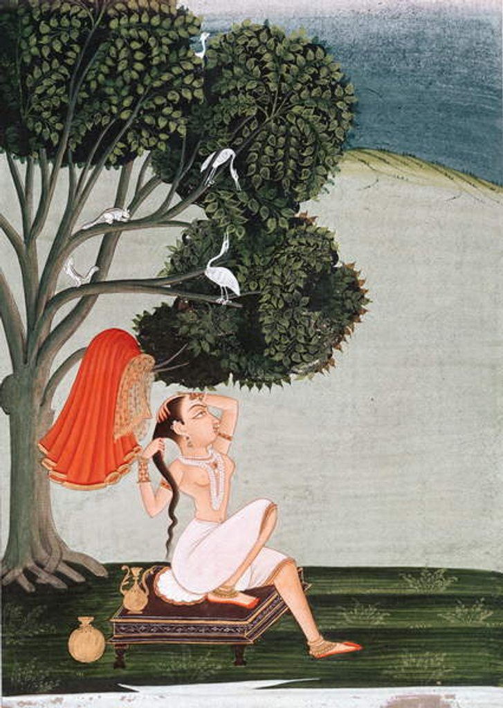 Detail of Indian lady at her toilet dressing her hair by Indian School