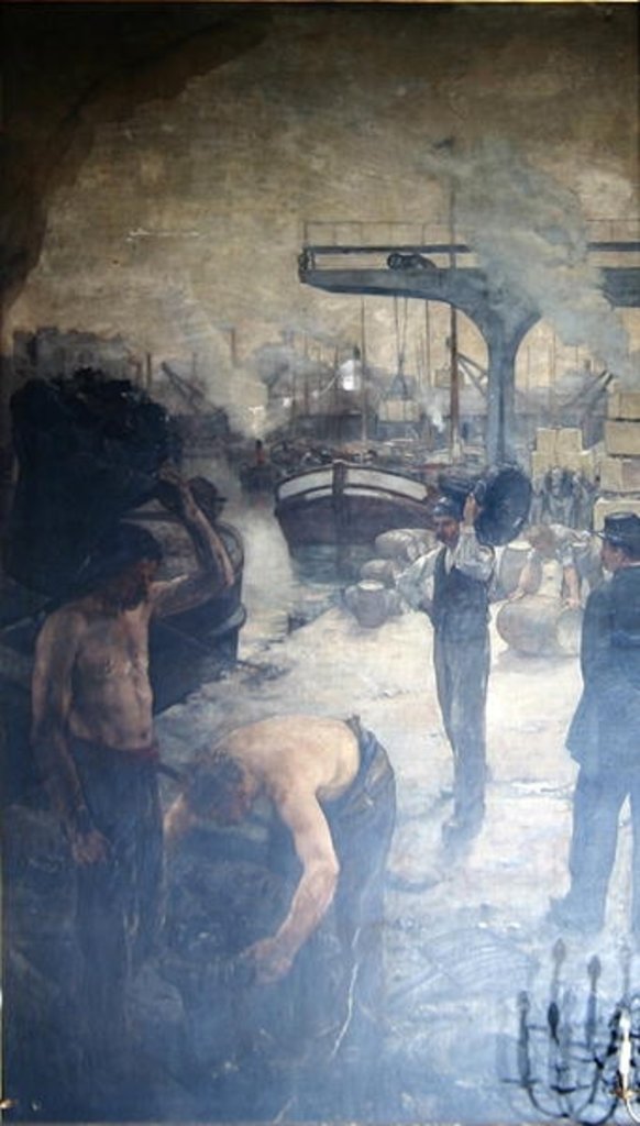Detail of Workers unloading coal from a barge, early twentieth century by French School