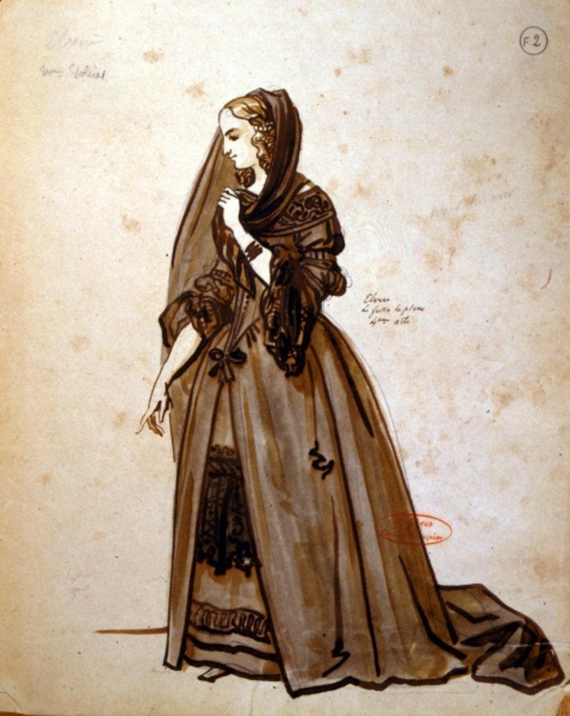 Detail of Costume design for the role of Dona Elvire in an 1847 production of 'Don Juan' by Moliere at the Comedie Francaise by Achille Deveria