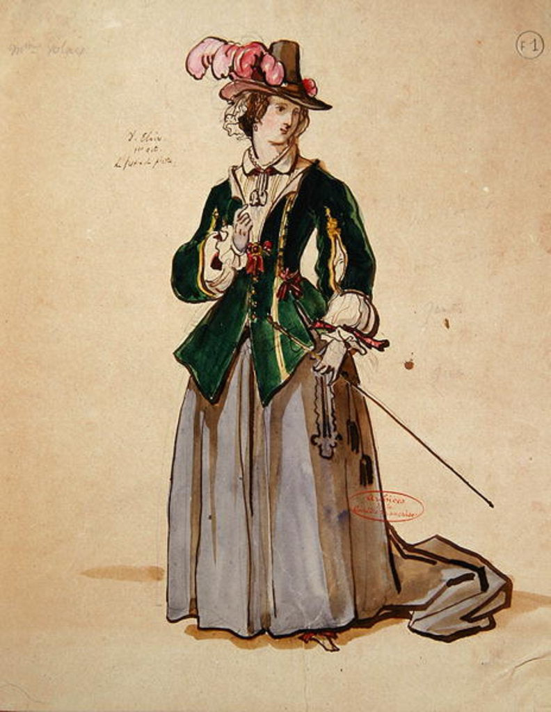 Detail of Costume design for Dona Elvire in an 1847 production of 'Don Juan' by Moliere at the Comedie Francaise by Achille Deveria