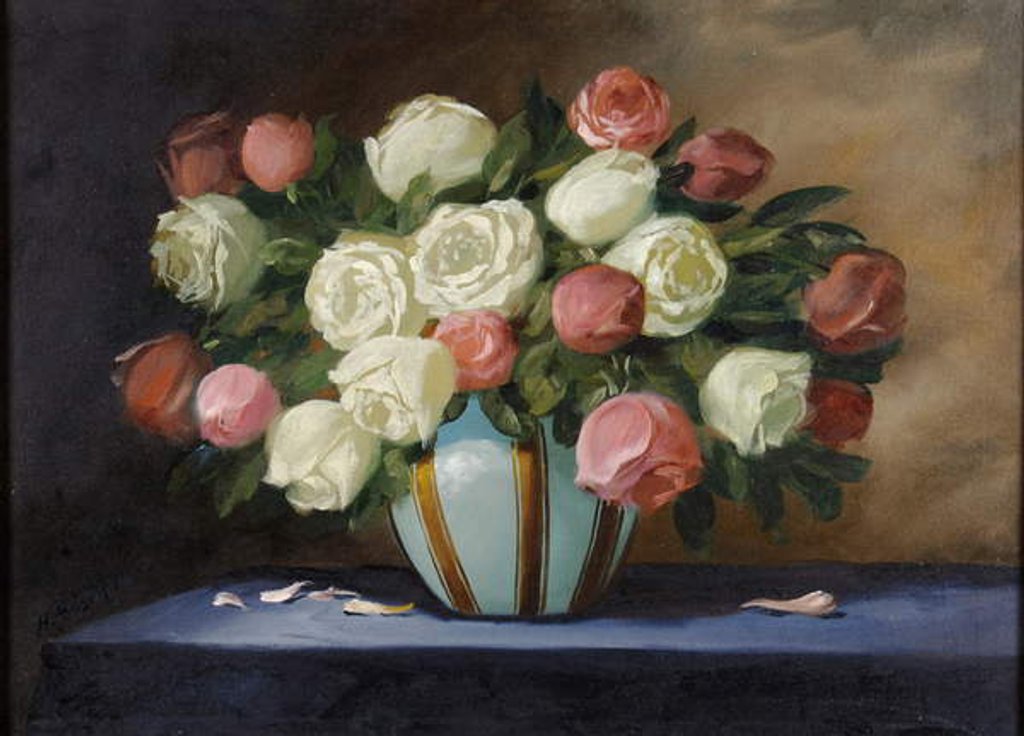 Detail of Pink and White Roses in a Blue Vase by English School