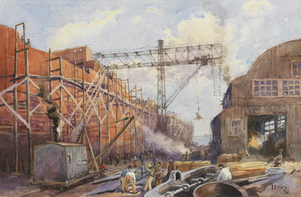 Detail of Polson Iron Work Yard, Ship War Hydra on Stocks, 1918 by Robert Ford Gagen