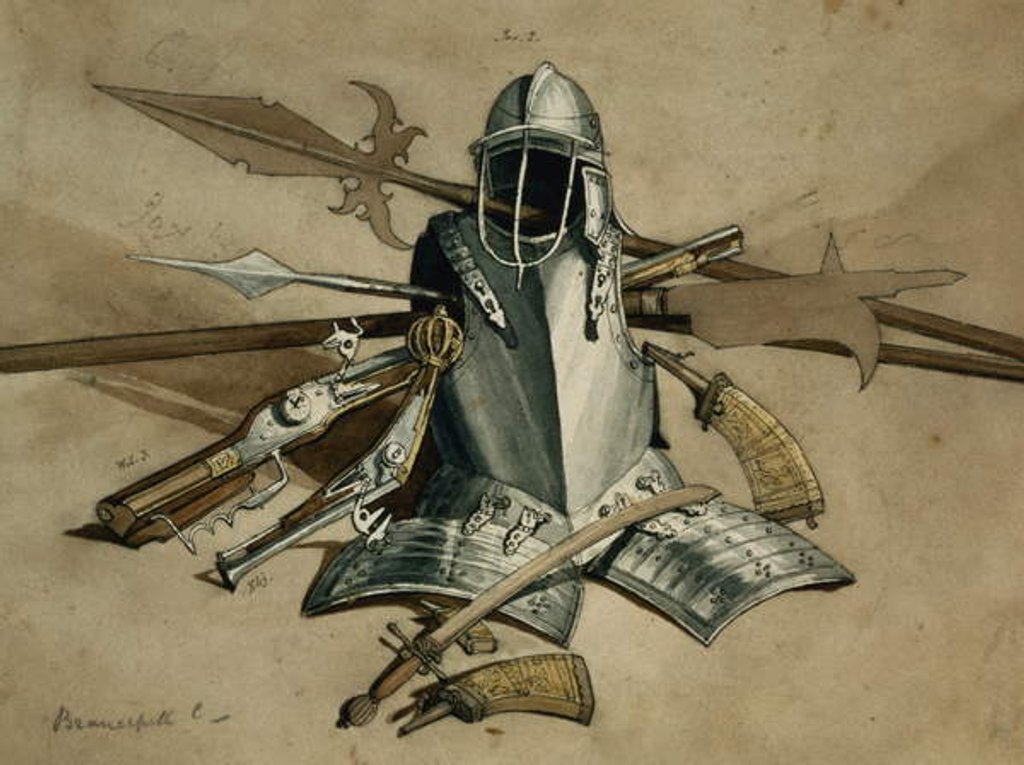 Detail of Study of Armour and Weapons at Brancepeth Castle, Durham by William Andrews Nesfield